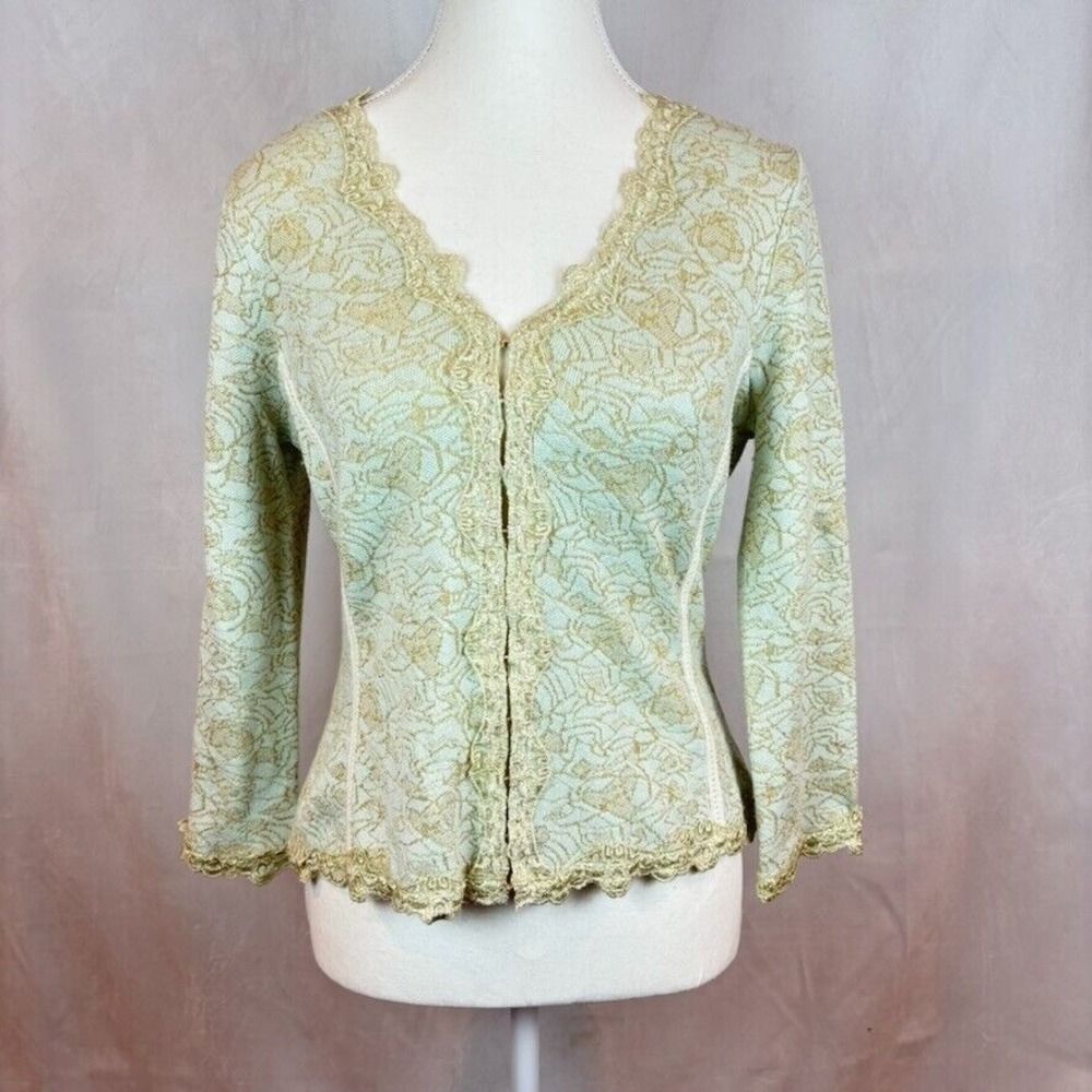 Etcetera Women's Blue Gold Silk‎ Cashemere Blend Lace Feminine Cardigan SZ Small